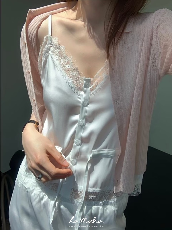 腰綁帶蕾絲緞面背心